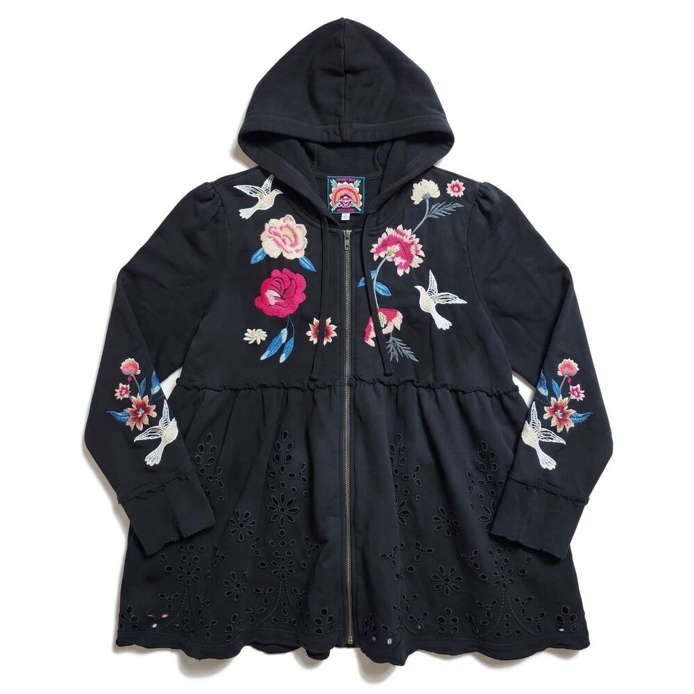 Johnny Was Junia French Terry Tiered Hoodie Size L Black Full Zip Embroidered